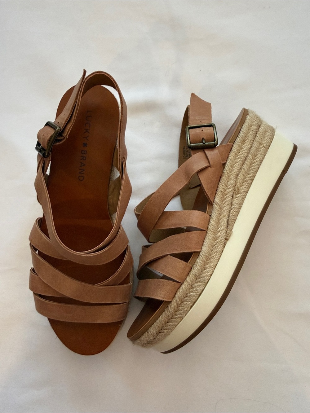 Lucky Brand Jokepa Cognac Brown Leather Platform Espadrille Sandals